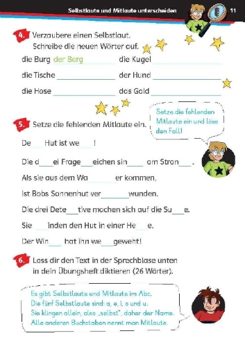 Buchcover und Innenansicht für das Buch: Die drei ??? Kids: Mein Übungsheft Deutsch 2. Klasse - Richtig schreiben