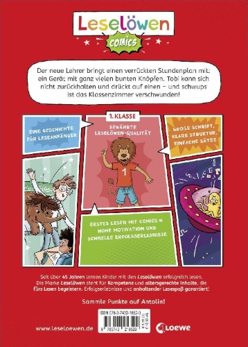 Buchcover und Innenansicht für das Buch: Leselöwen Comics 1. Klasse - Der magische Stundenplan