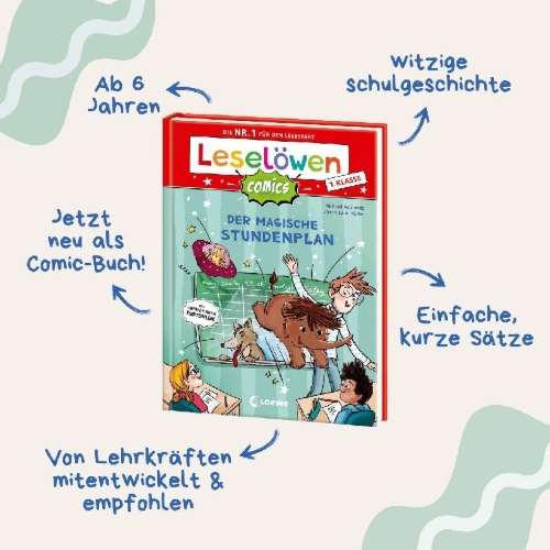 Buchcover und Innenansicht für das Buch: Leselöwen Comics 1. Klasse - Der magische Stundenplan
