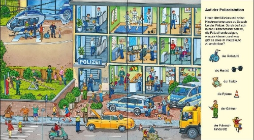 Buchcover und Innenansicht für das Buch: Suche und finde! Polizei, Feuerwehr und Krankenwagen