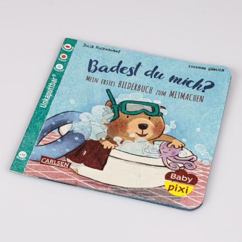 Buchcover und Innenansicht für das Buch: Baby Pixi (unkaputtbar) 85: Mein erstes Bilderbuch zum Mitmachen: Badest du mich?
