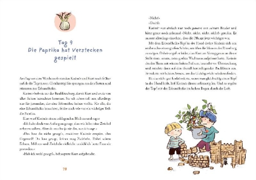 Buchcover und Innenansicht für das Buch: Die Erfinderbrüder und die Erbsmöhrika-Pflanze