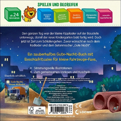Buchcover und Innenansicht für das Buch: Gute Nacht, liebe Baustelle!