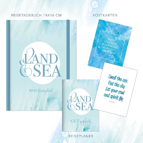 Buchcover und Innenansicht für das Buch: Reisetagebuch zum selber Schreiben inkl. Postkarten, Sammeltasche und herausnehmbaren Reiseplaner. Hardcover Urlaubstagebuch mit inspirierenden Zitaten zum Ausfüllen für bis zu 3 Wochen, inkl. Reisetipps. Stay Inspired! by Lisa Wirth
