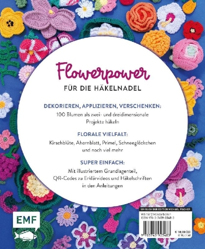 Buchcover und Innenansicht für das Buch: Mein bunter Häkelgarten - 100 wunderschöne Blumen und Blüten häkeln zum Dekorieren und Verschenken