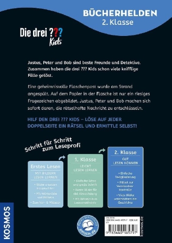 Buchcover und Innenansicht für das Buch: Die drei ??? Kids, Bücherhelden 2. Klasse, Geheime Flaschenpost