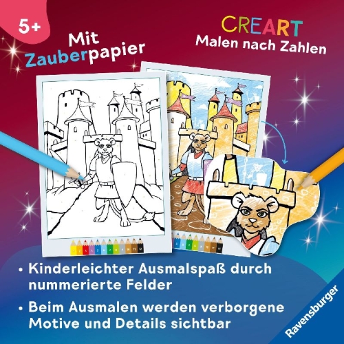 Buchcover und Innenansicht für das Buch: CreArt Malen nach Zahlen ab 5 Zauberpapier - Abenteuer