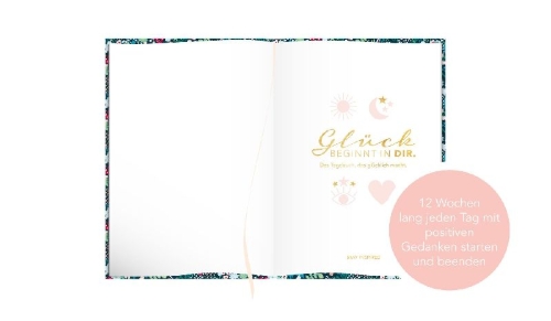 Buchcover und Innenansicht für das Buch: Das Tagebuch das glücklich macht (Special Edition): 6 Minuten am Tag für mehr Glück, Positivität, Dankbarkeit und Erfolg. Dankbarkeitstagebuch zum Ausfüllen für jeden Tag. 6 Minuten Tagebuch für mehr Achtsamkeit. 12 Wochen Tagebuch in rosa