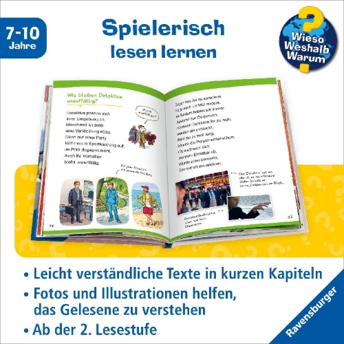 Buchcover und Innenansicht für das Buch: Wieso? Weshalb? Warum? Erstleser, Band 11 - Detektive und Ermittler