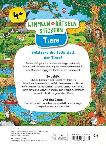 Buchcover und Innenansicht für das Buch: Wimmeln, Rätseln, Stickern: Tiere
