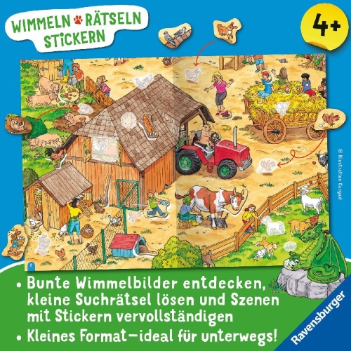 Buchcover und Innenansicht für das Buch: Wimmeln, Rätseln, Stickern: Tiere