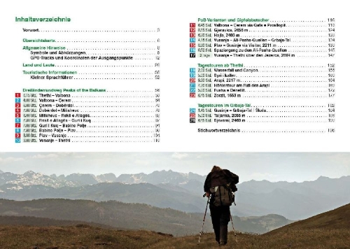 Buchcover und Innenansicht für das Buch: ROTHER Wanderführer Peaks of the Balkans: Albanien, Kosovo und Montenegro