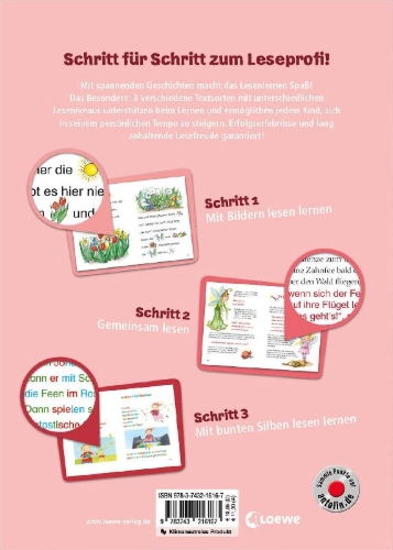 Buchcover und Innenansicht für das Buch: Lesenlernen in 3 Schritten - Die schönsten Feengeschichten