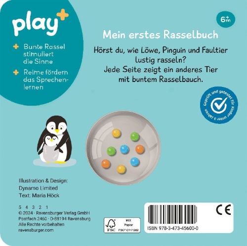 Buchcover und Innenansicht für das Buch: Play+ Schütteln, rasseln, spielen Erste Tiere - ab 6 Monate