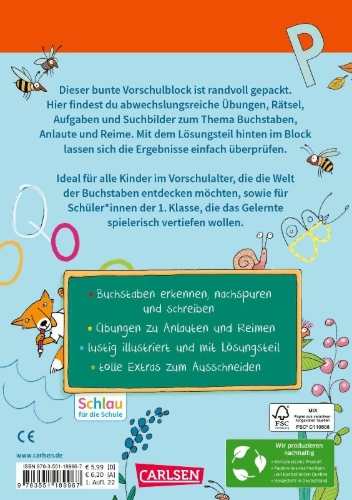 Buchcover und Innenansicht für das Buch: Schlau für die Schule: Mein bunter Buchstaben-Block