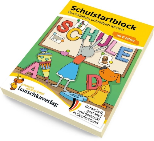 Buchcover und Innenansicht für das Buch: Schulstart-Block ab 6 Jahre - Buchstaben schreiben lernen