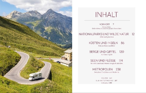 Buchcover und Innenansicht für das Buch: In 225 Reisen mit Wohnmobil & Campervan durch Deutschland