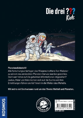 Buchcover und Innenansicht für das Buch: Die drei ??? Kids Diebstahl im All