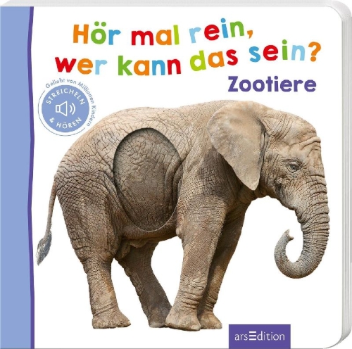 Buchcover und Innenansicht für das Buch: Hör mal rein, wer kann das sein? - Zootiere