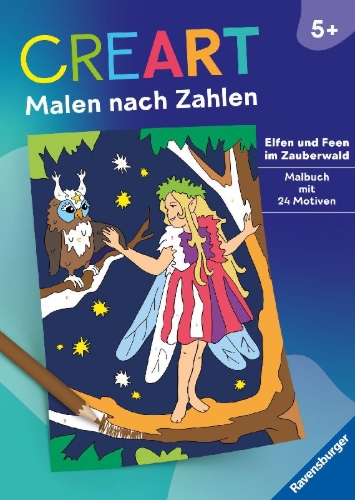 Buchcover und Innenansicht für das Buch: CreArt Malen nach Zahlen ab 5 - Elfen und Feen im Zauberwald