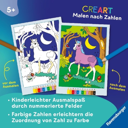 Buchcover und Innenansicht für das Buch: CreArt Malen nach Zahlen ab 5 - Elfen und Feen im Zauberwald