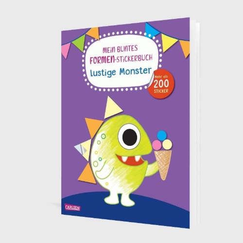 Buchcover und Innenansicht für das Buch: Mein buntes Formen-Stickerbuch: Lustige Monster