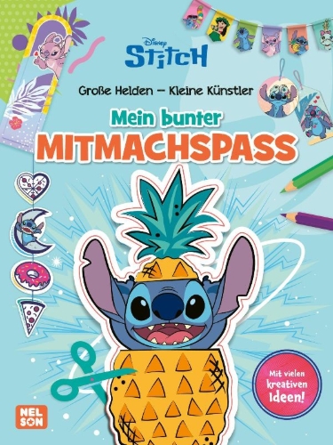 Buchcover und Innenansicht für das Buch: Disney Kreative Beschäftigung: Stitch: Mein bunter Mitmachspaß