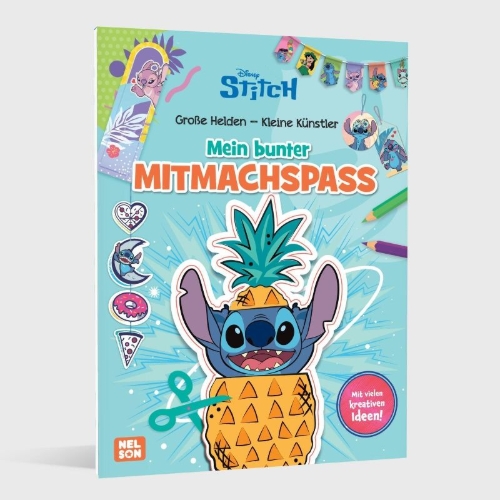 Buchcover und Innenansicht für das Buch: Disney Kreative Beschäftigung: Stitch: Mein bunter Mitmachspaß