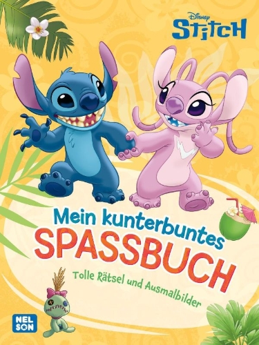 Buchcover und Innenansicht für das Buch: Disney Kreative Beschäftigung: Disney Stitch: Mein kunterbuntes Spaßbuch