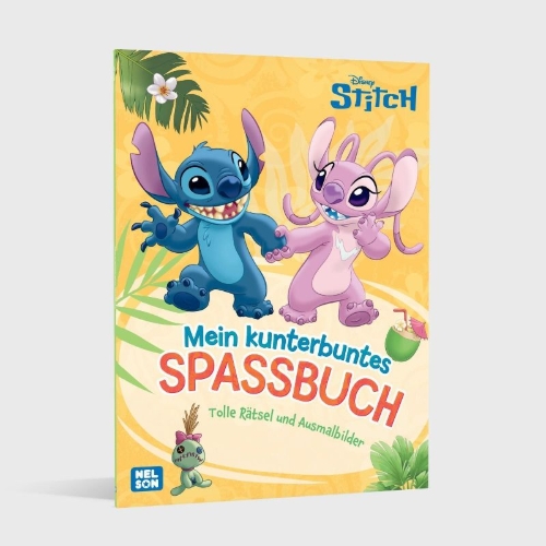 Buchcover und Innenansicht für das Buch: Disney Kreative Beschäftigung: Disney Stitch: Mein kunterbuntes Spaßbuch