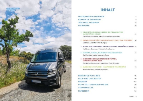 Buchcover und Innenansicht für das Buch: Sardinien mit dem Wohnmobil Die schönsten Routen von Sassari bis Cagliari