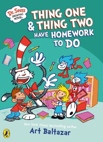 Buchcover und Innenansicht für das Buch: Dr Seuss Graphic Novel: Thing One and Thing Two Have Homework to Do