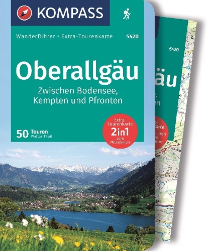 Buchcover und Innenansicht für das Buch: KOMPASS Wanderführer Oberallgäu, 50 Touren zwischen Bodensee, Kempten und Pfronten, mit Extra-Tourenkarte