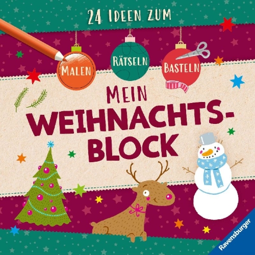 Buchcover und Innenansicht für das Buch: Mein Weihnachtsblock: 24 Ideen zum Malen, Basteln, Rätseln