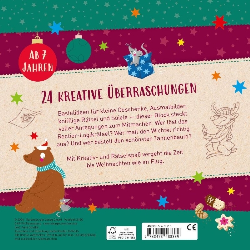 Buchcover und Innenansicht für das Buch: Mein Weihnachtsblock: 24 Ideen zum Malen, Basteln, Rätseln