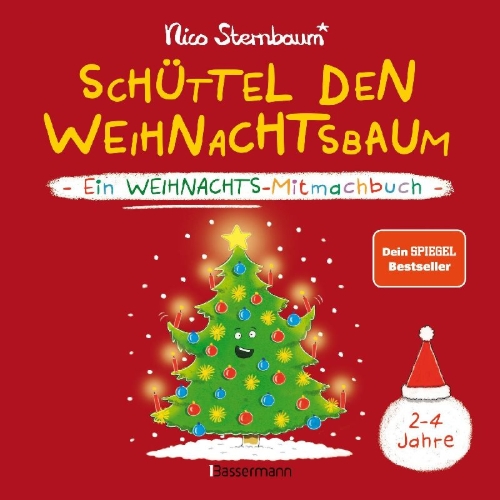 Buchcover und Innenansicht für das Buch: Schüttel den Weihnachtsbaum. Ein Weihnachts-Mitmachbuch zum Schütteln, Schaukeln, Pusten, Klopfen und sehen, was dann passiert. Von 2 bis 4 Jahren