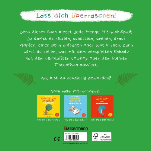 Buchcover und Innenansicht für das Buch: Kitzel den Kakadu - Ein Mitmachbuch zum Schütteln, Schaukeln, Pusten, Klopfen und sehen, was dann passiert. Von 2 bis 4 Jahren. Vom Bestsellerautoren (Schüttel den Apfelbaum)