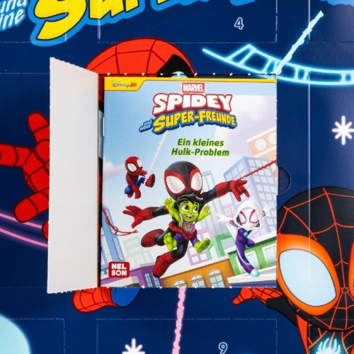 Buchcover und Innenansicht für das Buch: Spidey und seine Super-Freunde: Minibuch-Adventskalender