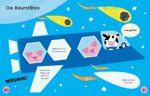 Buchcover und Innenansicht für das Buch: Kleine Kreativ-Werkstatt: Schere, Kleber, los! Bunte Raketen und Raumfahrzeuge fertig basteln