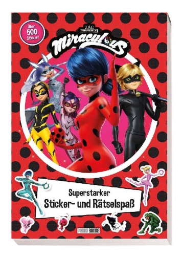 Buchcover und Innenansicht für das Buch: Miraculous: Superstarker Sticker- und Rätselspaß