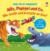 Buchcover und Innenansicht für das Buch: Mein Pop-up-Soundbuch: Affe, Papagei und Co.  Wer brüllt und kreischt im Zoo?