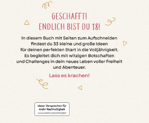 Buchcover und Innenansicht für das Buch: Endlich 18! Yay! Alles, was du ab jetzt tun darfst