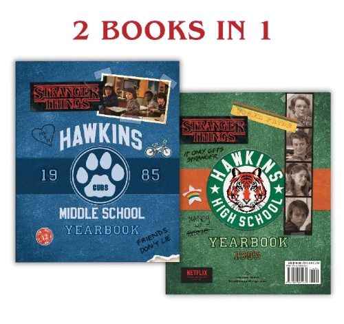 Buchcover und Innenansicht für das Buch: Hawkins Middle School Yearbook / Hawkins High School Yearbook (Stranger Things)