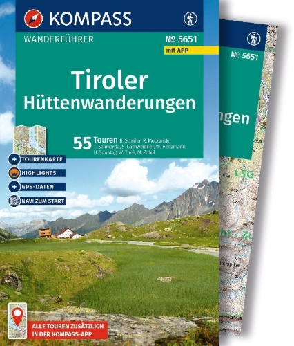 Buchcover und Innenansicht für das Buch: KOMPASS Wanderführer Tiroler Hüttenwanderungen, 55 Touren mit Extra-Tourenkarte