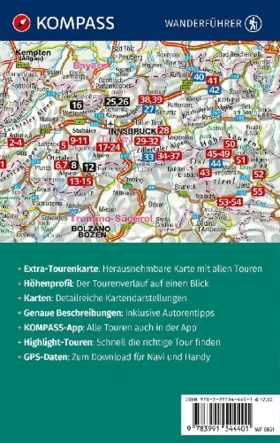 Buchcover und Innenansicht für das Buch: KOMPASS Wanderführer Tiroler Hüttenwanderungen, 55 Touren mit Extra-Tourenkarte