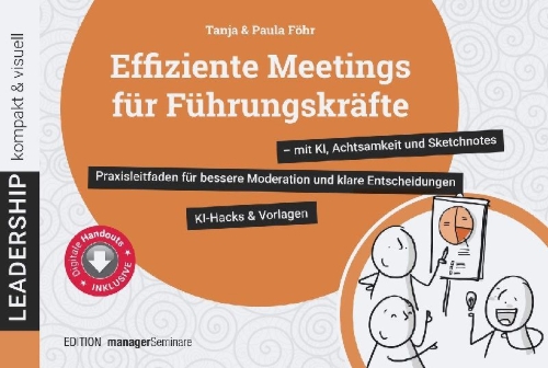 Buchcover und Innenansicht für das Buch: Effiziente Meetings für Führungskräfte - mit KI, Achtsamkeit und Sketchnotes