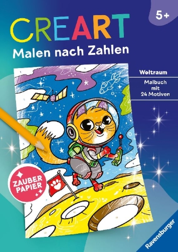 Buchcover und Innenansicht für das Buch: CreArt Malen nach Zahlen ab 5 - Zauberpapier: Weltraum