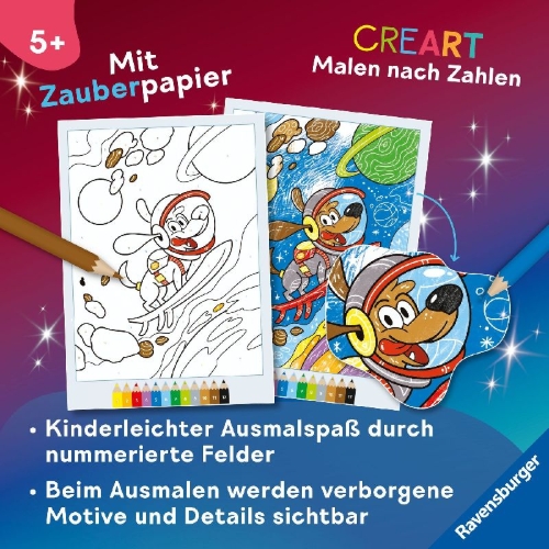Buchcover und Innenansicht für das Buch: CreArt Malen nach Zahlen ab 5 - Zauberpapier: Weltraum