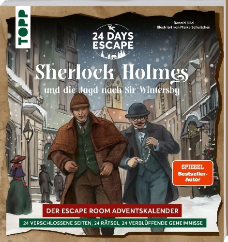 Buchcover und Innenansicht für das Buch: 24 DAYS ESCAPE - Der Escape Room Adventskalender: Sherlock Holmes und die Jagd nach Sir Wintersby