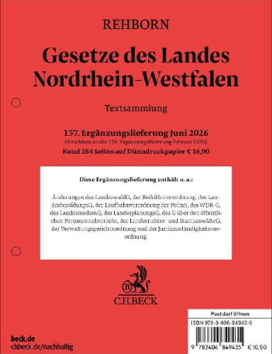 Buchcover und Innenansicht für das Buch: Gesetze des Landes Nordrhein-Westfalen 157. Ergänzungslieferung